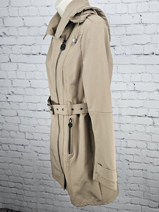 Nicole Miller Tan Leopard Removable Hood Belted Trench Soft Shell Long Coat S - Picture 15 of 16